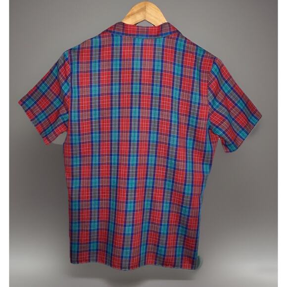 Vtg Paris Station Short Sleeve Top Shirt Red Blue Teal Plaid Blouse- Sz S - Picture 3 of 8